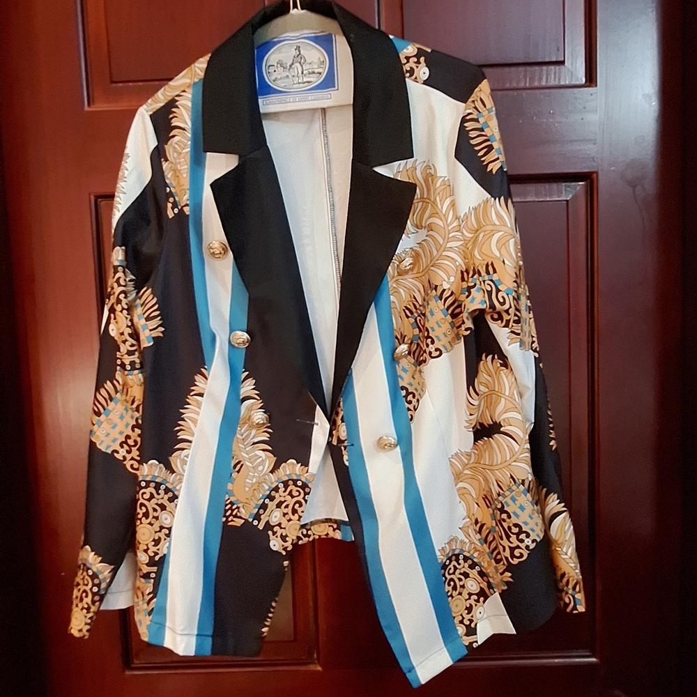 SHEIN Black and Gold Patterned Blazer